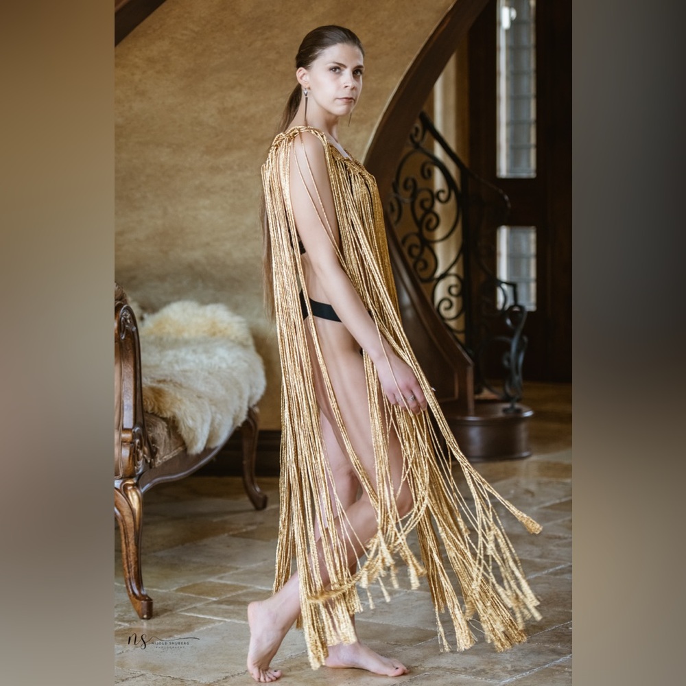 Original GoodVibeGoda Handmade Macramé Gold Fringe Women's Swim Cover-Up - Picture 3 of 9